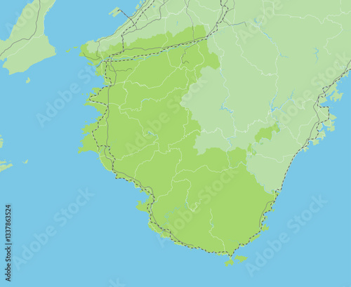 日本の和歌山県と隣接する都道府県を含む、シンプルな緑色のロードマップ