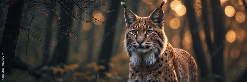 Fototapeta premium Eurasian Lynx Portrait Amidst the Warmth of Forest Bokeh Lights in a Woodland Setting