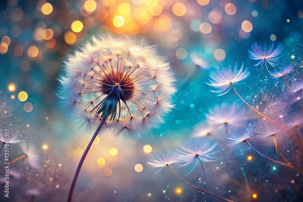 Fototapeta premium Surreal Dandelion Seeds Floating in Air - Copy Space Stock Photo