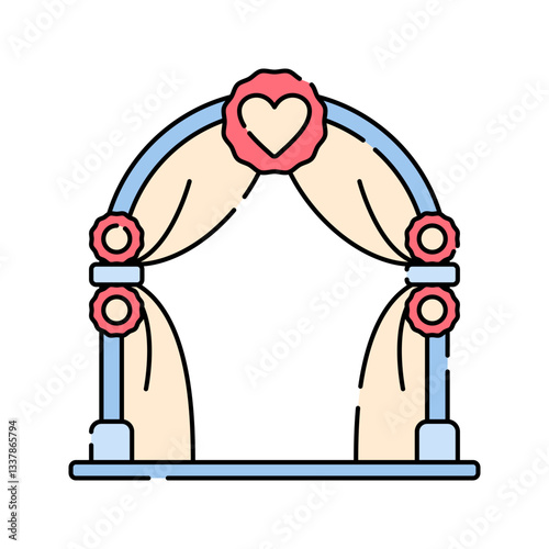 Wedding Arch Flat design style, a decorative wedding arch with flowers and drapes, symbolizing the ceremony venue, ideal for event planners, venue decor, and invitations.