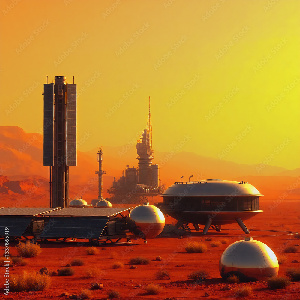 Obraz premium Futuristic Mars base with sleek solar panels, warm colors, and towering structures