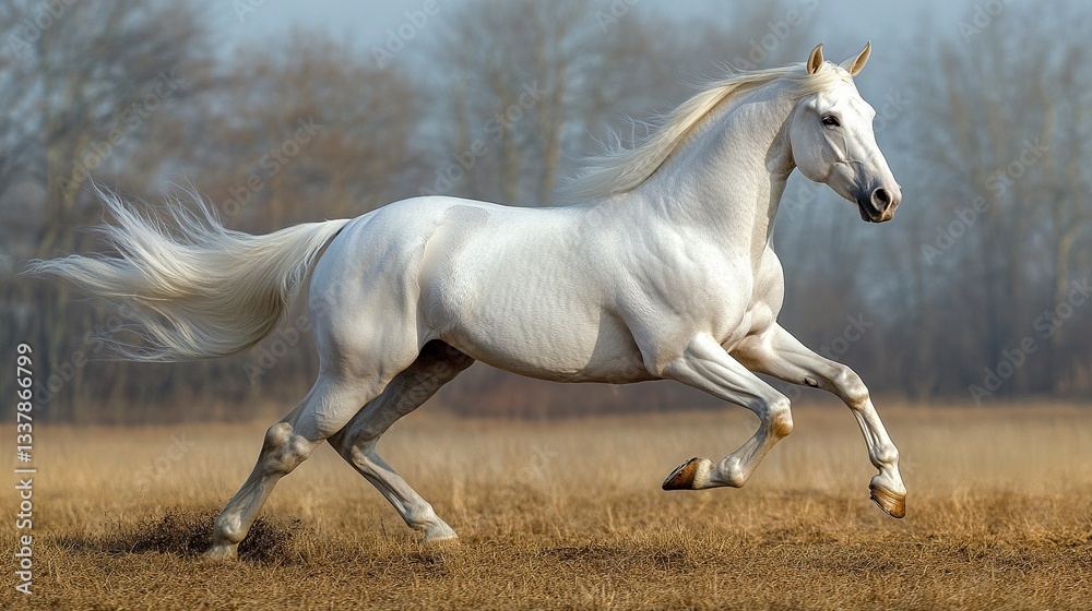 Obraz premium A majestic white horse gallops gracefully, its flowing mane and tail illuminated by soft light, captured mid-stride against a blurred background 