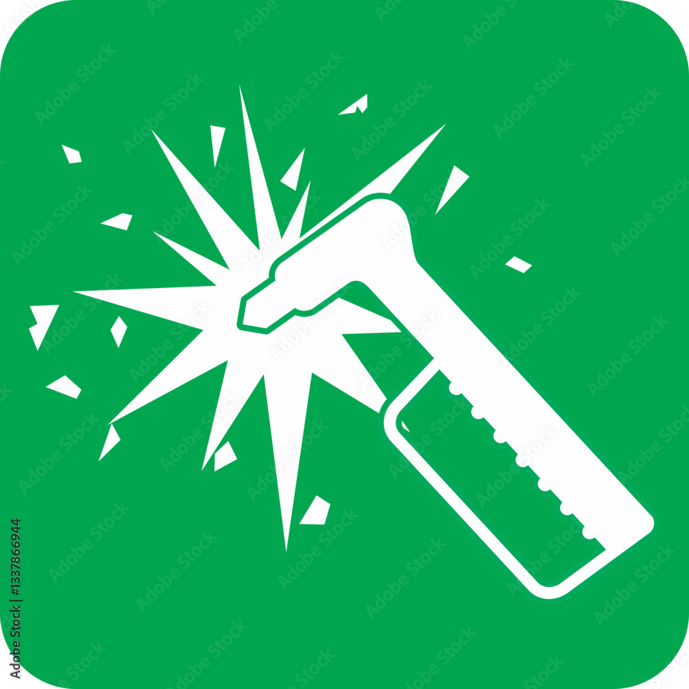 green square sign, hammer breaking glass, emergency tool used to shatter glass in case of evacuation or rescue situations green square sign, hammer breaking glass, emergency tool used to shatter glass in case of evacuation or rescue situations