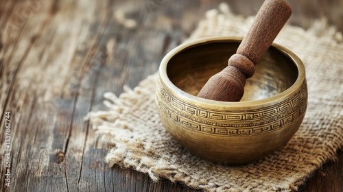 Rustic Bowl and Wooden Pestle on Textured Background