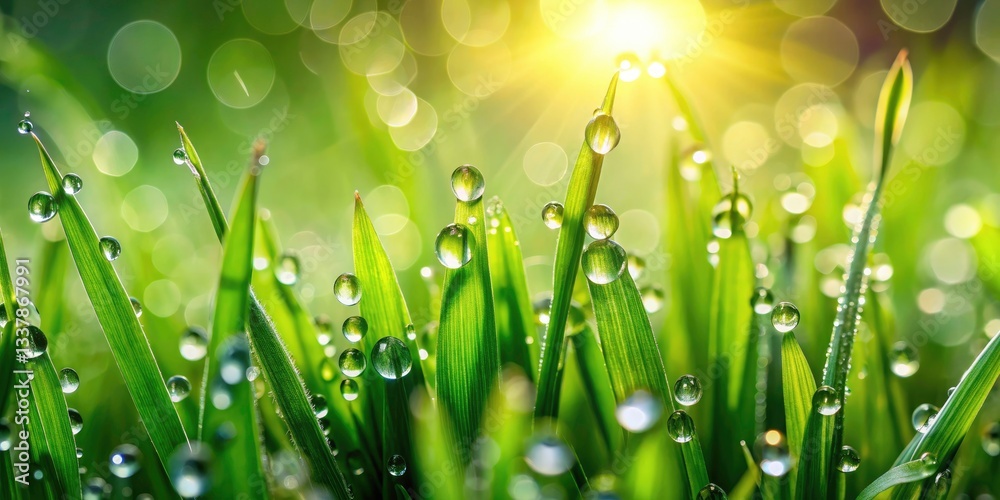Fototapeta premium Macro Rain Drops on Fresh Green Grass Springtime Nature Photography Background