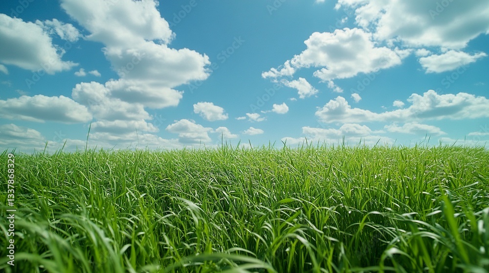 Fototapeta premium A peaceful field of lush green grass, stretching under a clear blue sky with scattered white clouds, the breeze gently rustling the blades 