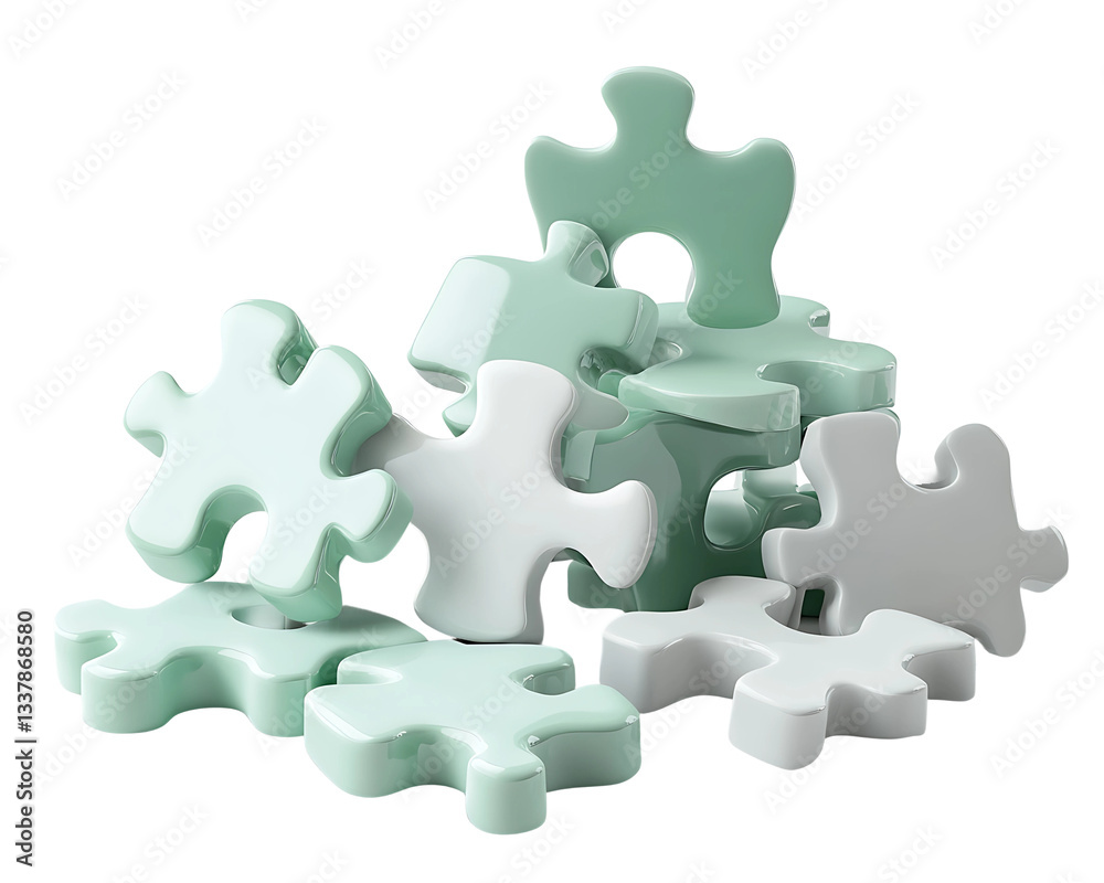 Obraz premium Glossy 3D Puzzle Pieces in Soft Pastel Green and White On Isolated White Background