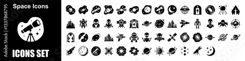 Astronomy & Space Exploration Icon Set – Planets, Rockets & Telescopes
