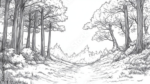 Pen and Ink Drawing of a Forest Path Leading to a Bright Horizon
