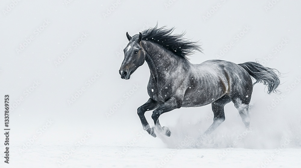 Obraz premium A powerful bay horse gallops mid-stride, muscles flexed, its flowing mane and tail contrasting against a pure white background