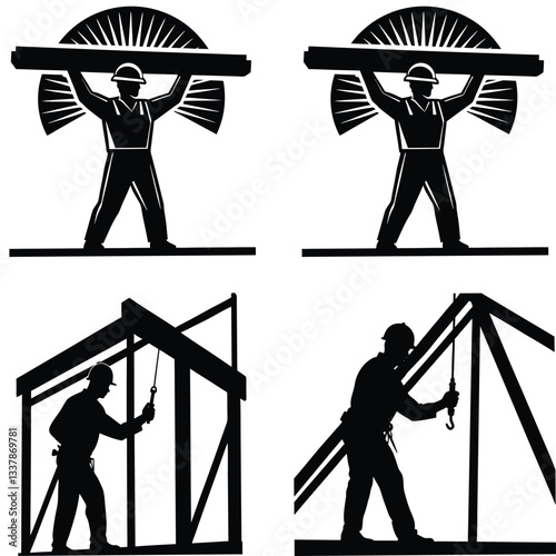 construction worker with hammer, Builder with Toolbox Walking on Site, Excavator and Construction Workers at Work