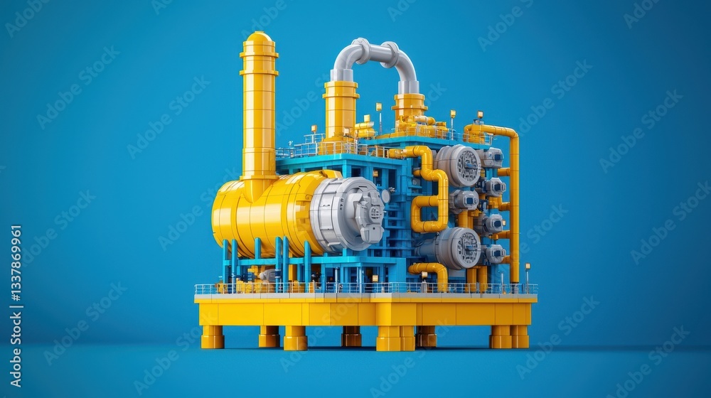 Fototapeta premium Oil refinery plant model in yellow and blue. Concept of industrial production, energy, and manufacturing.