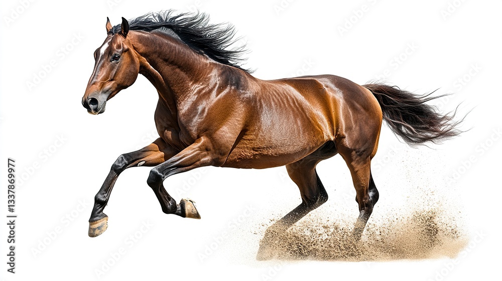 A powerful bay horse races forward, its eyes focused, legs stretching in full stride, the white background isolating its speed and grace A powerful bay horse races forward, its eyes focused, legs stretching in full stride, the white background isolating its speed and grace