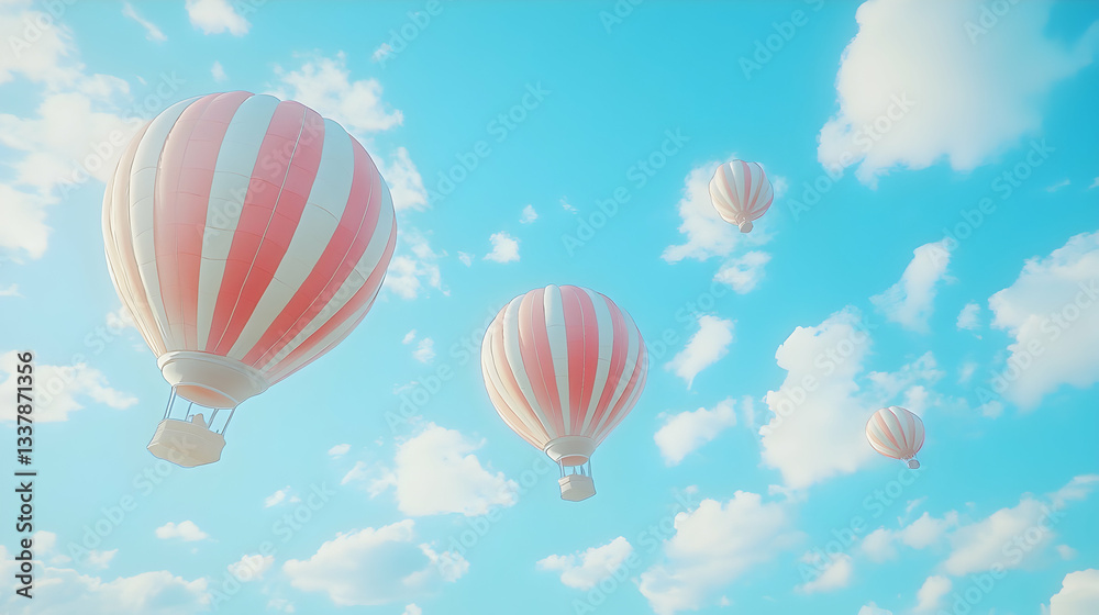 Naklejka premium Hot air balloons soar, sunny sky, clouds. Travel poster