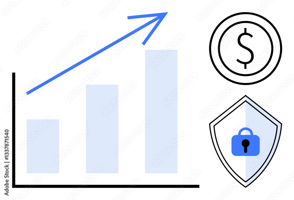 Bar graph with upward arrow indicating growth, dollar sign representing financial aspects, and shield with lock symbolizing security. Ideal for finance, business growth, security, investments Bar graph with upward arrow indicating growth, dollar sign representing financial aspects, and shield with lock symbolizing security. Ideal for finance, business growth, security, investments