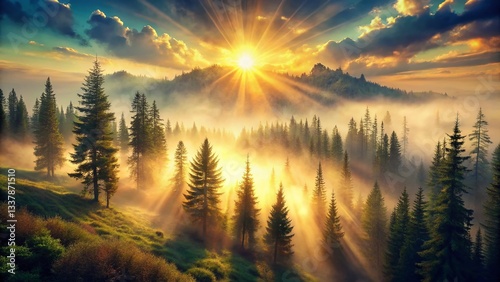 Surreal Vintage Forest Landscape: Sun Rays, Pine Trees, Hilltop Clouds