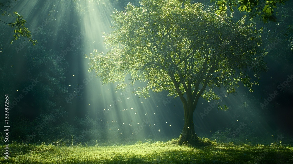 Obraz premium The sunlit forest features a single tree with light rays