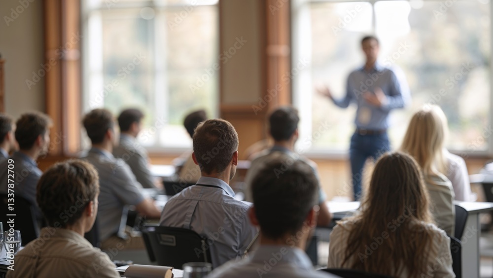 Obraz premium Male speaker giving presentation in hall at university education workshop. Audience or conference hall. Rear view of unrecognized participants in audience. Scientific conference event, training