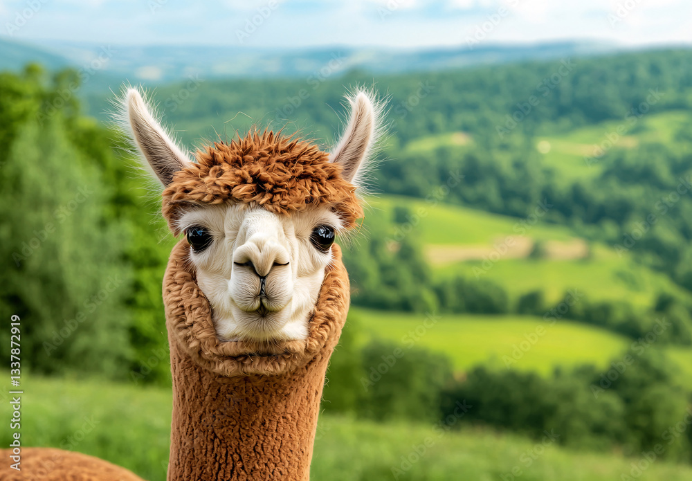 Obraz premium Adorable Alpaca Portrait in a Serene Green Field Captivating Alpaca Staring at the Viewer