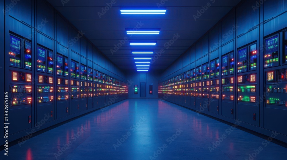 Server room with rows of computers and neon lights. Concept of data center, cloud computing, and information technology.