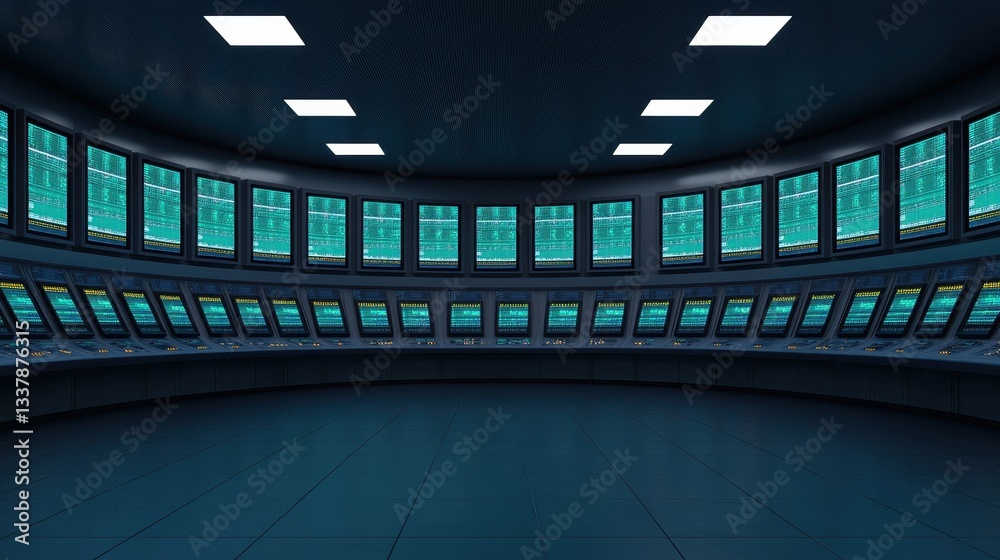 Futuristic control room with multiple screens displaying data. Concept of technology, data analysis, and monitoring.