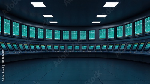 Obraz na płótnie Futuristic control room with multiple screens displaying data. Concept of technology, data analysis, and monitoring. w salonie