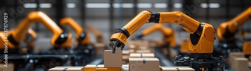 Warehouse automation with robotic arms sorting and packing e-commerce orders, retail supply chain innovation