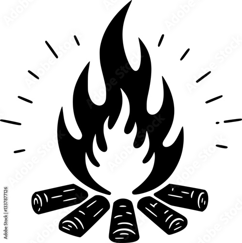 Burning bonfire with a large flame for camping, Illustration of a fire icon, Campfire silhouette vector, Campfire icon

