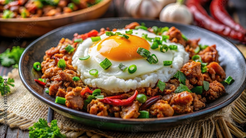 Thai Pork Fried Garlic Egg Recipe - Tilt-Shift Photography, Delicious Asian Food, Crispy Egg, Garlic Flavour Thai Pork Fried Garlic Egg Recipe - Tilt-Shift Photography, Delicious Asian Food, Crispy Egg, Garlic Flavour