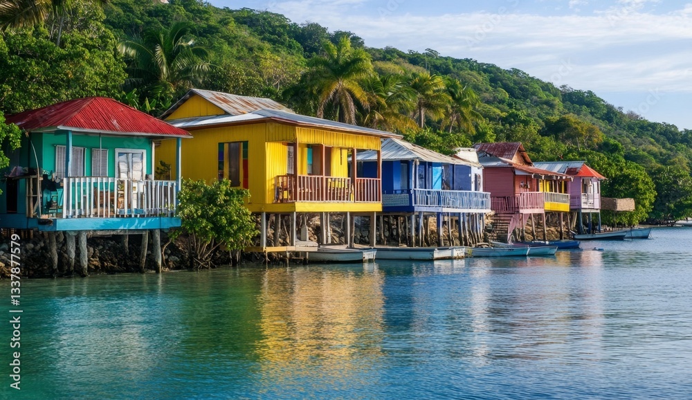 Naklejka premium Vibrant waterfront huts nestled beside a calm bay, colourful houses on stilts