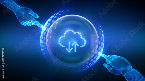 Cloud computing, secure cloud storage, database storage, data center protection. A robot and a human hand touching a protection sphere shield with a hexagon pattern and a cloud icon inside. Vector.