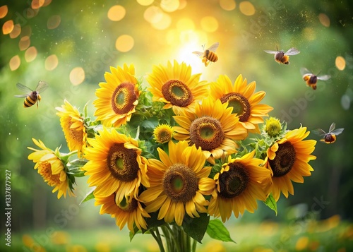 Tilt-Shift Photography: Vibrant Sunflower Bouquet & Busy Bees in Lush Garden