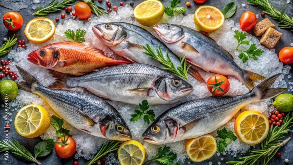 Fresh Fish Display with Lemons and Vegetables on Ice Fresh Fish Display with Lemons and Vegetables on Ice