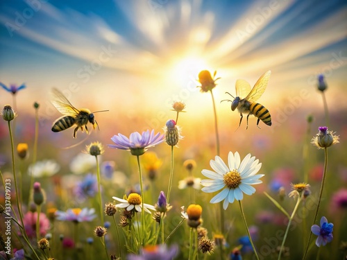 Tranquil Bees Hovering Over Wildflower Meadow - Long Exposure Photography