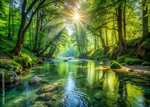Tranquil Forest Stream: Sunlit Panorama of Pristine Nature