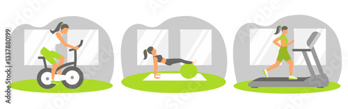 Woman in the gym. Fitness and healthy lifestyle concept. Flat style vector illustration.