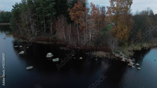 Countryside of Sweden in Autumn, Golden Hour, Lake by the Highway to Värnamo - Aerial Drone Shot photo