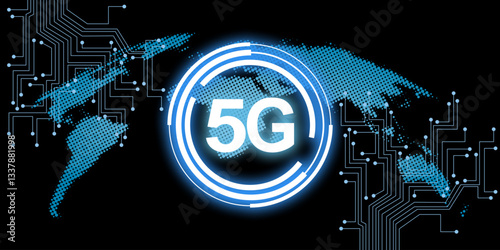 5G global network concept with a digital world map and circuit connections. High-speed communication and technology theme. Ideal for business, internet, and connectivity visuals.
