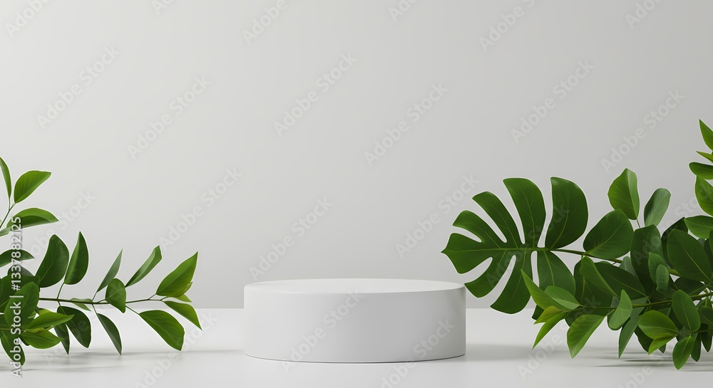 Products podium with leaves and green plants front of white background Products podium with leaves and green plants front of white background