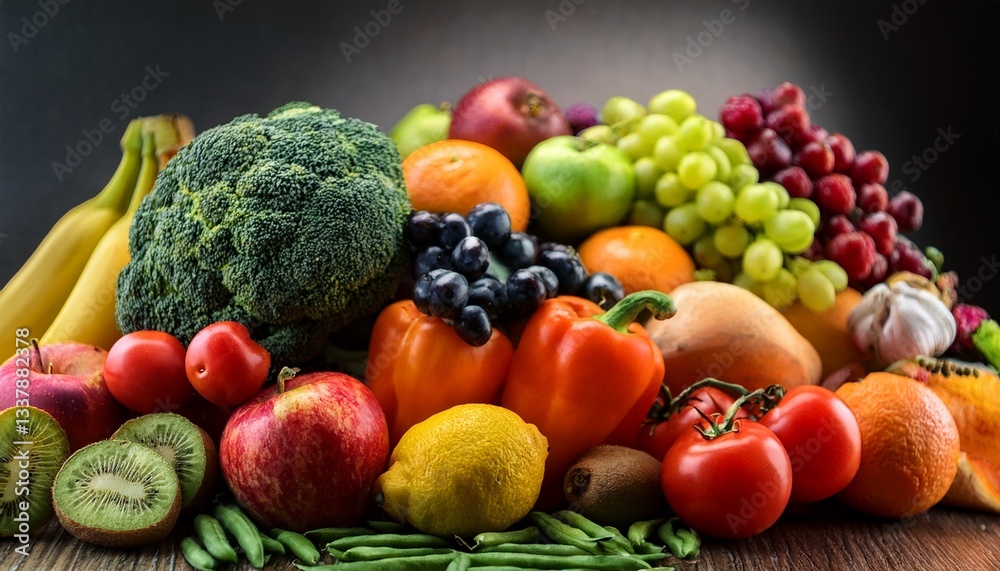 A vibrant assortment of fresh fruits and vegetables is beautifully arranged, showcasing a variety of colors, textures, and shapes.