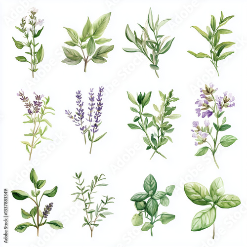 Watercolor Herb Collection - Rosemary, Thyme, Basil, Lavender Botanical Illustrations on White Background