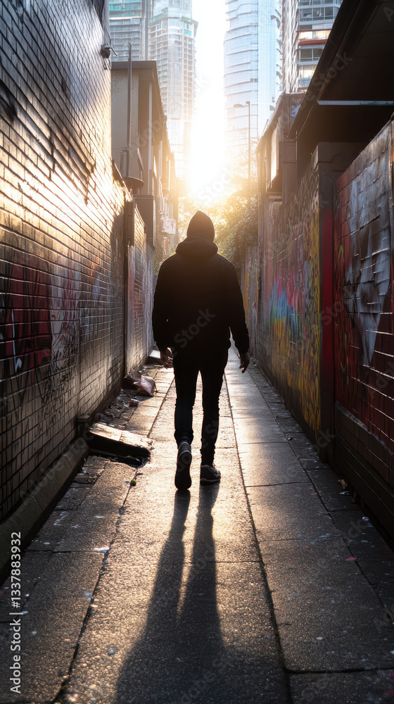 person walks through narrow alleyway filled with graffiti at sunset person walks through narrow alleyway filled with graffiti at sunset