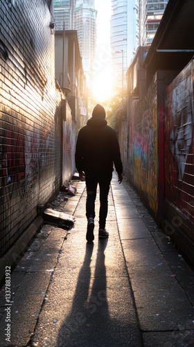 Wallpaper Mural person walks through narrow alleyway filled with graffiti at sunset Torontodigital.ca