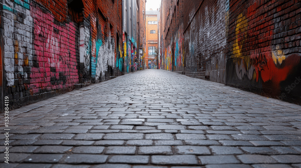Fototapeta premium Narrow alleyway with vibrant graffiti on brick walls, creating urban artistic vibe