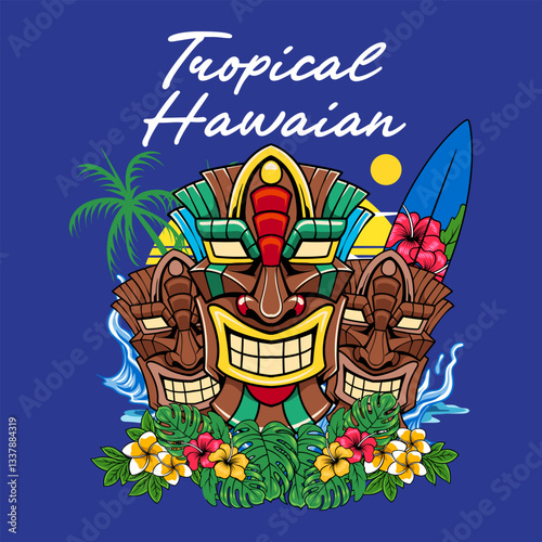 Tiki Mask Tropical Hawaii Cartoon Illustration