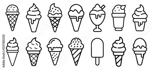 Ice cream outline icons set. Different types, waffle cone, cup ice cream, popsicle, sundae. Sketch style cafe menu, card, birthday card decoration. Vector illustration