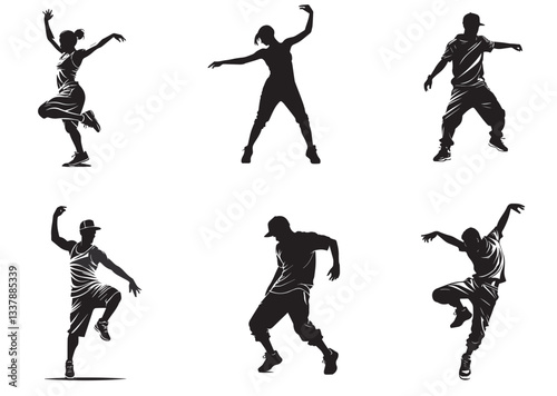 A set of street dance hip hop dancers in silhouette	