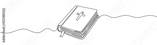 Continuous one line drawing silhouette of Bible. Bible linear icon. One line drawing background. Vector illustration. Hand drawn Editable stroke