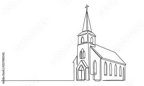 Continuous line of church. Hand drawn Editable stroke