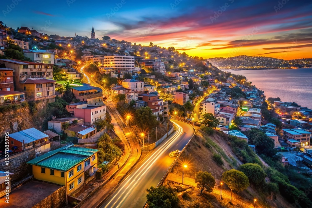 Fototapeta premium Valparaiso Chile Aerial View Long Exposure Colorful Houses Hillside Cityscape
